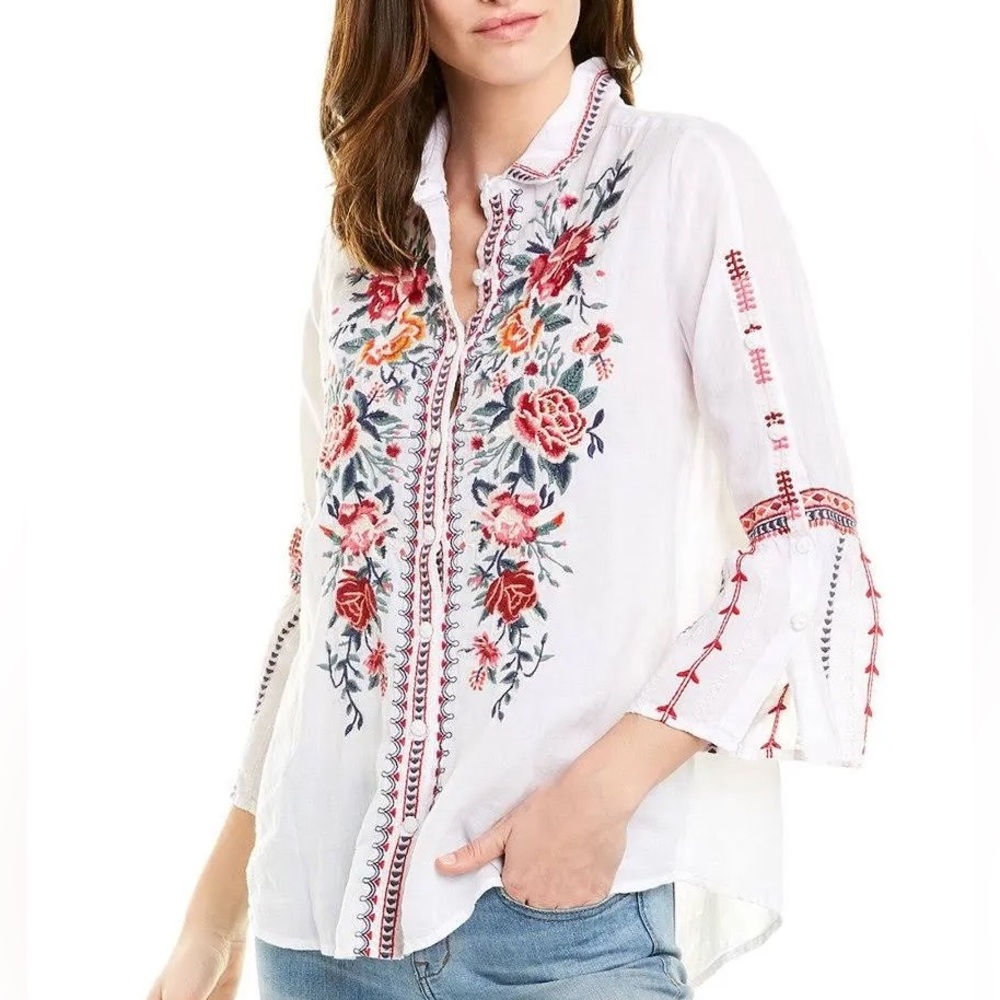 Johnny Was Arie Flute Sleeve Shirt Button-down Stripes Women’s Small White
